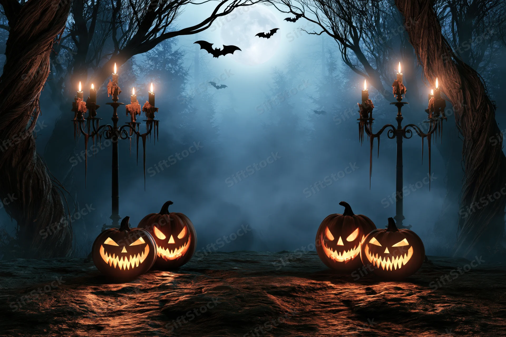 Carved jack-o-lanterns glowing on a foggy forest path at night under a full moon with bats flying and candelabras lit on either side