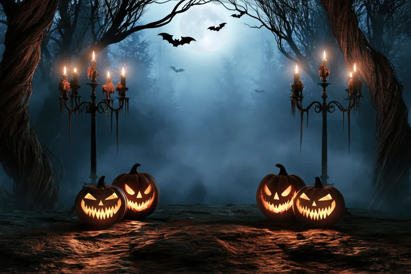 Carved jack-o-lanterns glowing on a foggy forest path at night under a full moon with bats flying and candelabras lit on either side