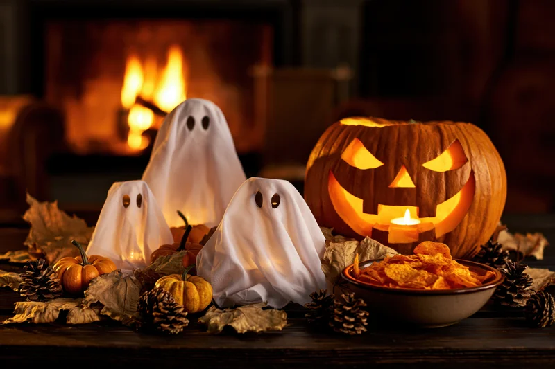 Carved jack-o-lantern and glowing ghost figures on a wooden table with autumn leaves and pinecones near a fireplace