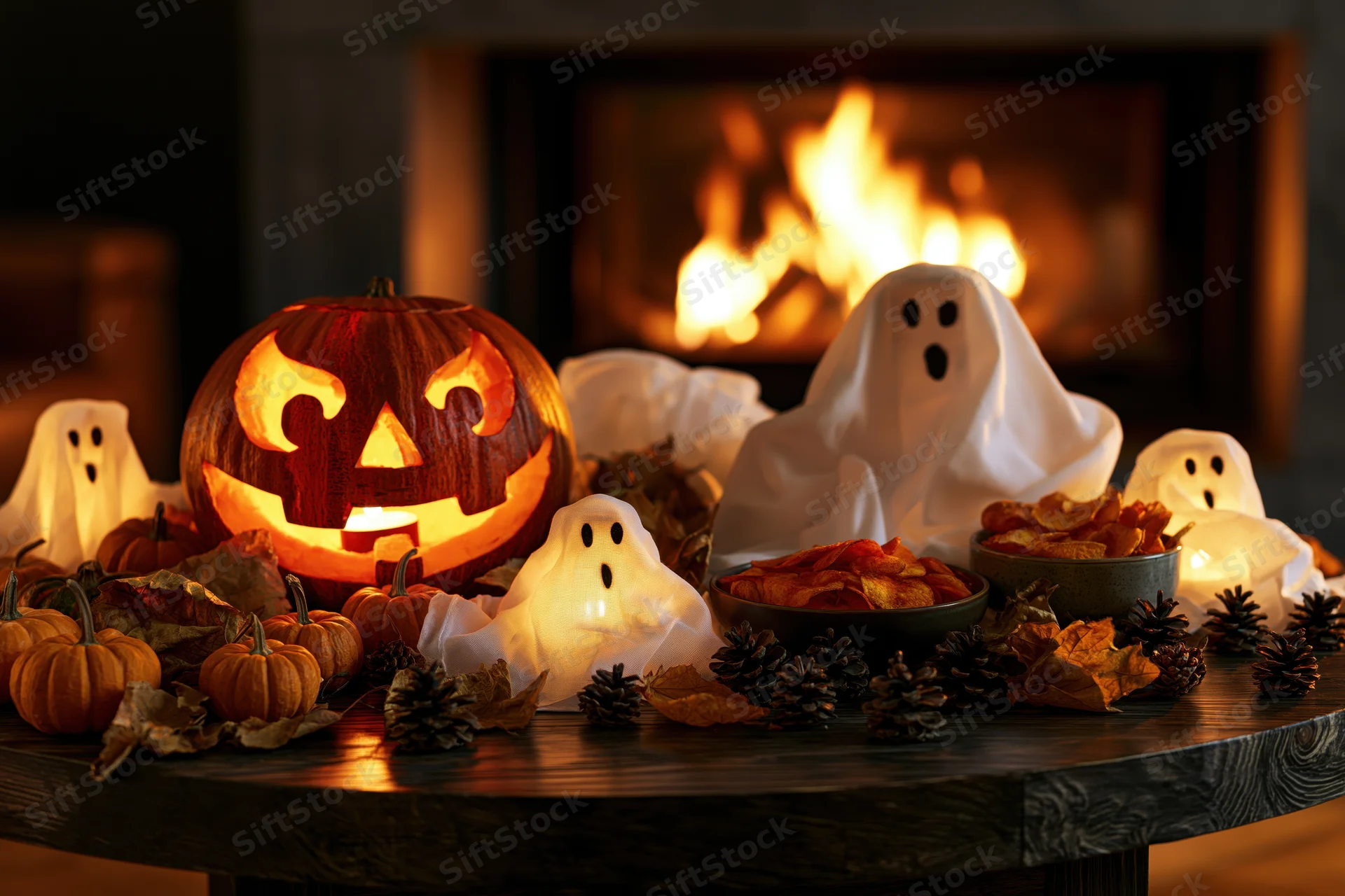 Carved jack-o-lantern and ghost decorations on a dark wooden table with fireplace in background