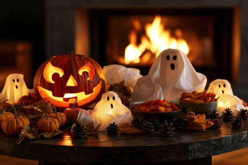 Carved jack-o-lantern and ghost decorations on a dark wooden table with fireplace in background