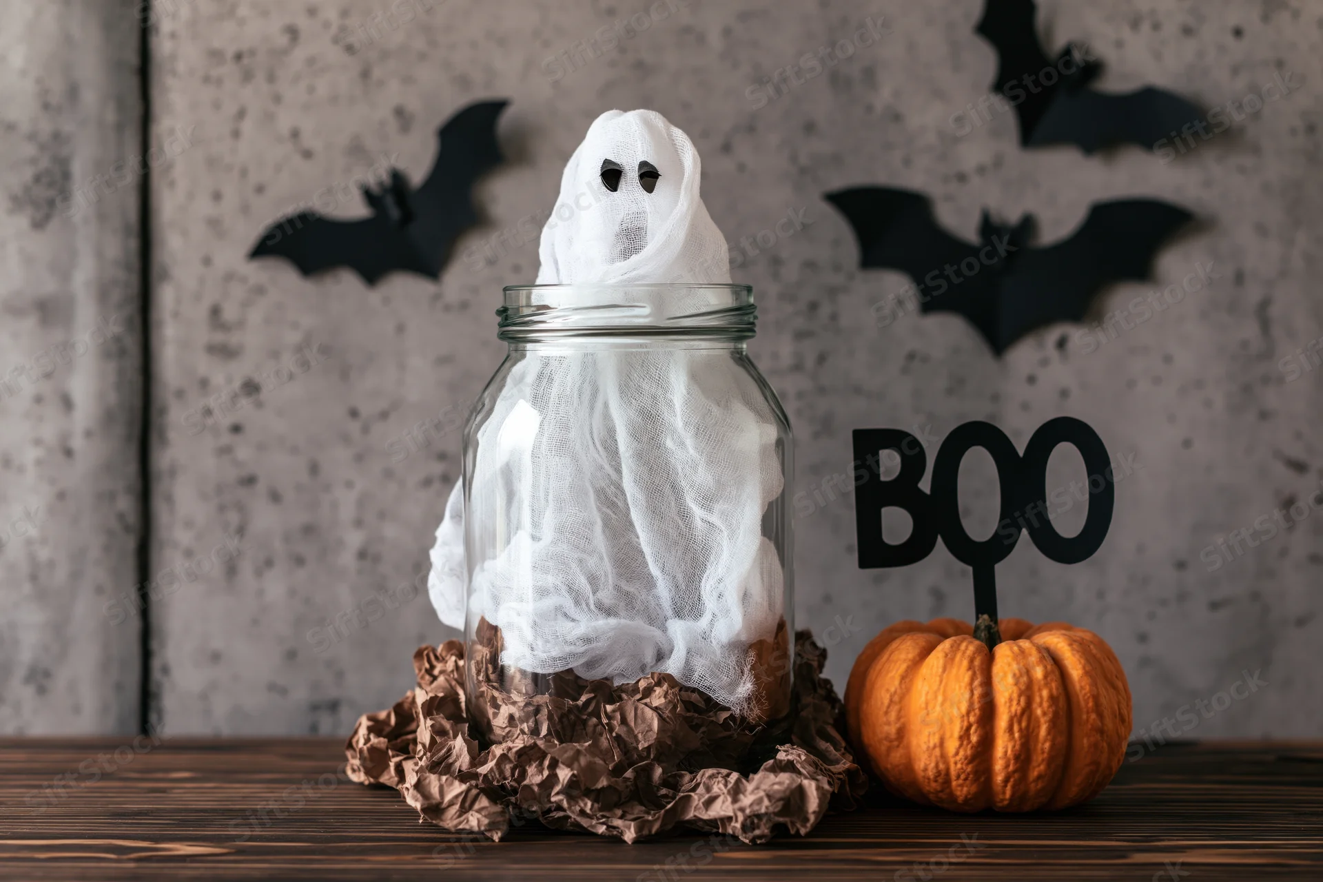 Ghost in a glass jar on a wooden table with a pumpkin and bat cutouts for halloween decoration