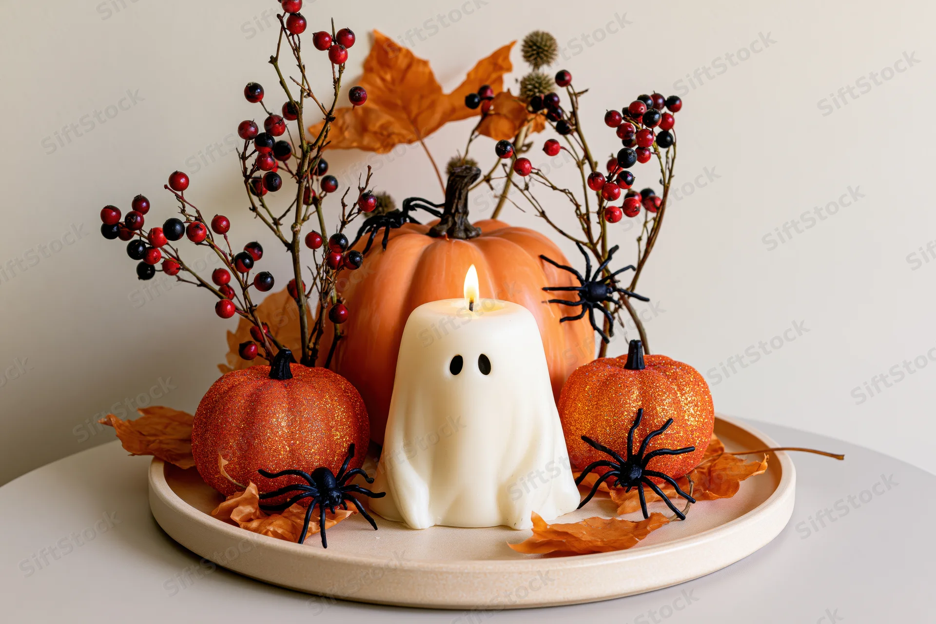 Halloween centerpiece with ghost candle, pumpkins, spiders, and autumn foliage on a tray