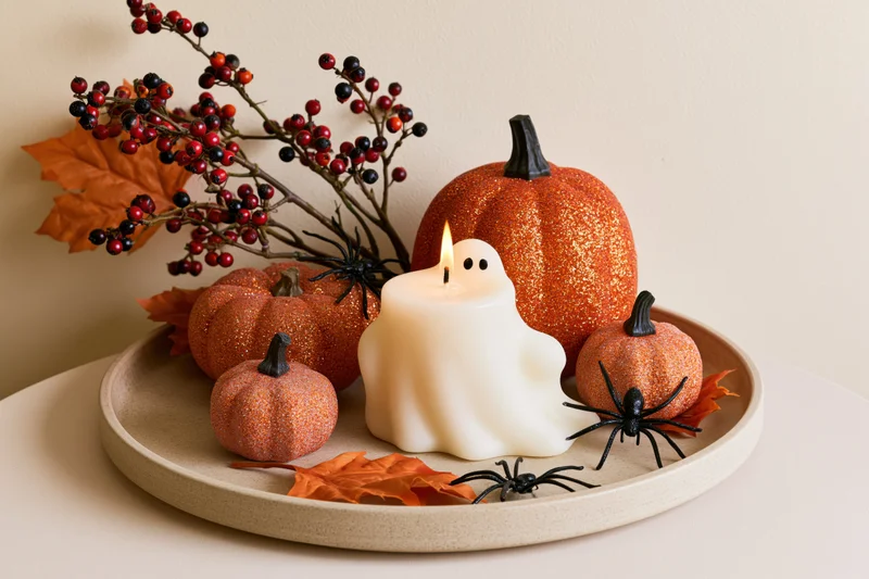 Halloween decoration with glitter pumpkins, ghost candle, spiders and autumn leaves on a beige tray