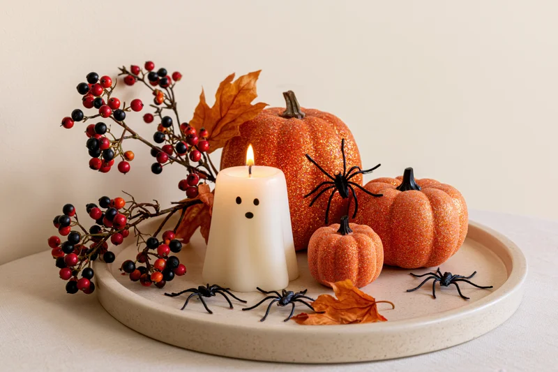 Halloween decoration with ghost candle, pumpkins, spiders, and berries arranged on a round tray