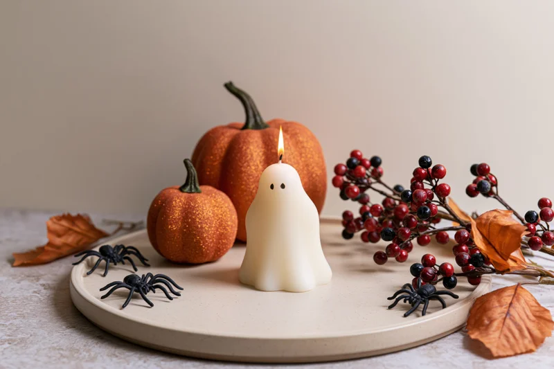 Ghost-shaped candle lit on a tray with pumpkins, spiders, berries and leaves for halloween decoration