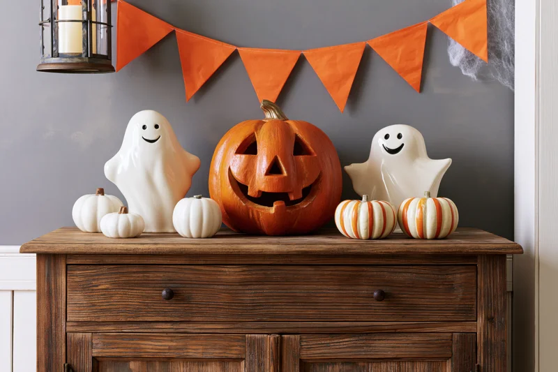 Carved pumpkin and ceramic ghosts arranged on a wooden sideboard with orange bunting above