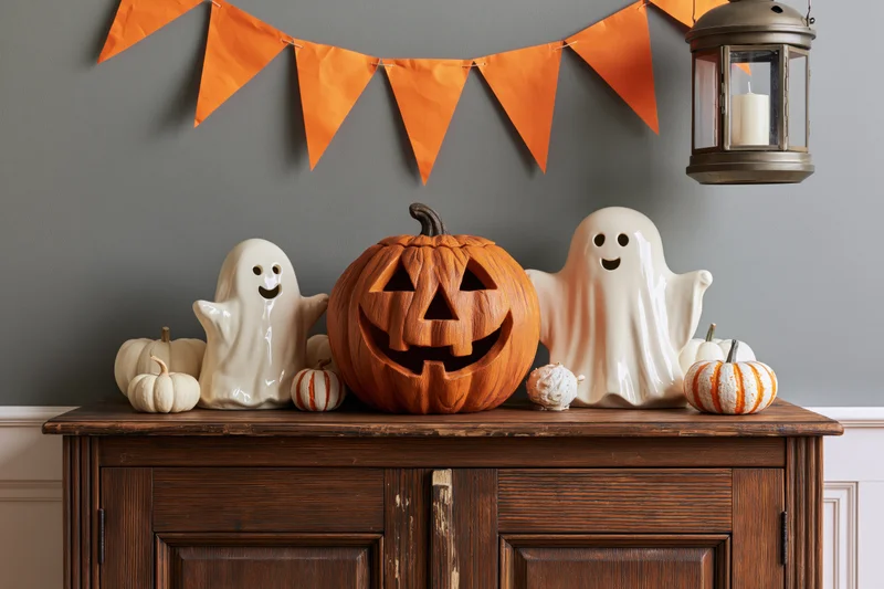 Carved pumpkin and ceramic ghosts arranged on a wooden cabinet with orange banner and lantern above