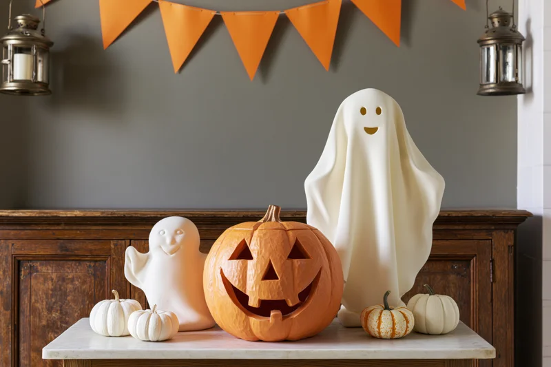 Carved pumpkin and ghost decorations arranged on a wooden mantel with orange banner and lanterns