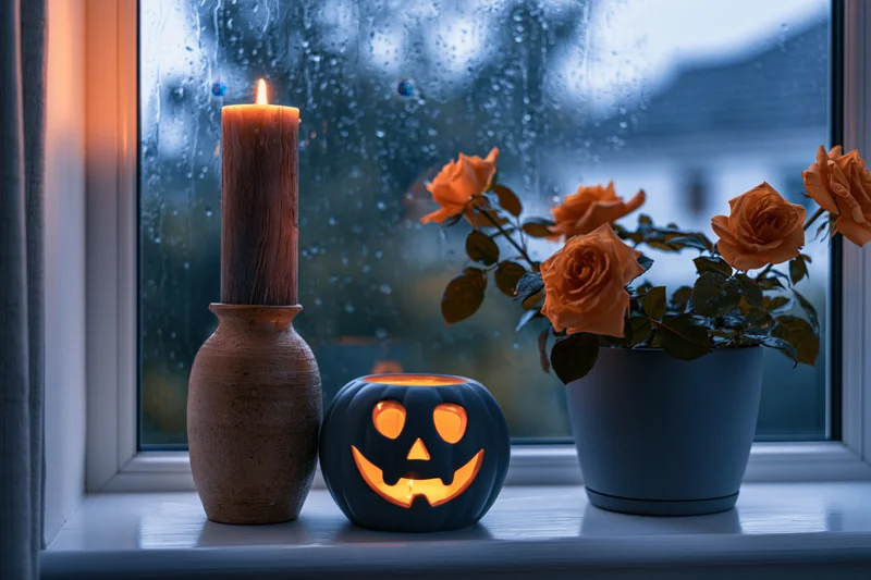 Jackolantern and candle on windowsill beside orange roses with rain on glass