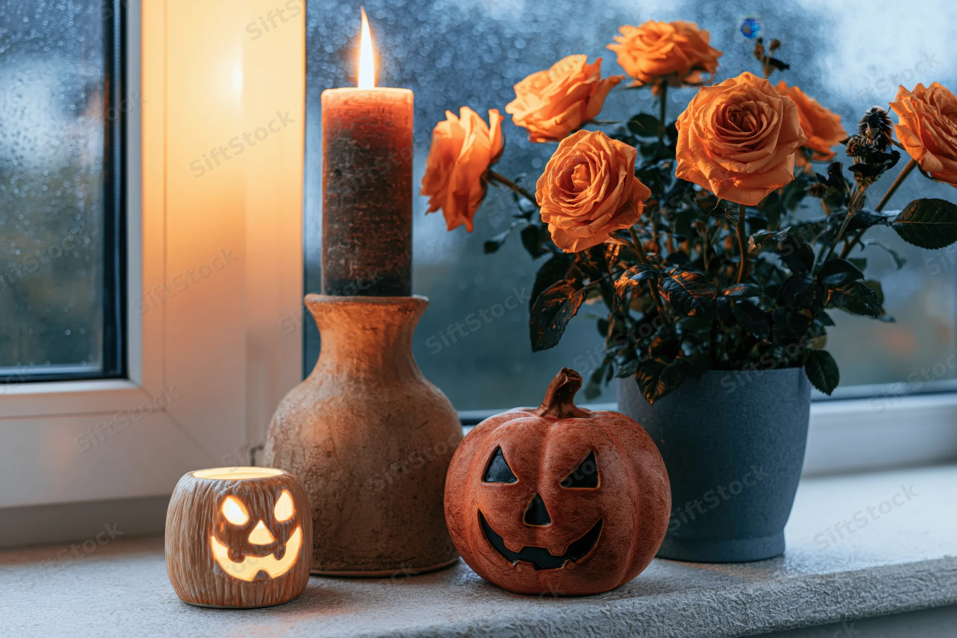Ceramic jack-o-lantern and lit candle beside orange roses on a windowsill with rain on the glass