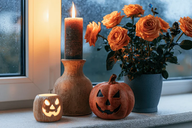 Ceramic jack-o-lantern and lit candle beside orange roses on a windowsill with rain on the glass