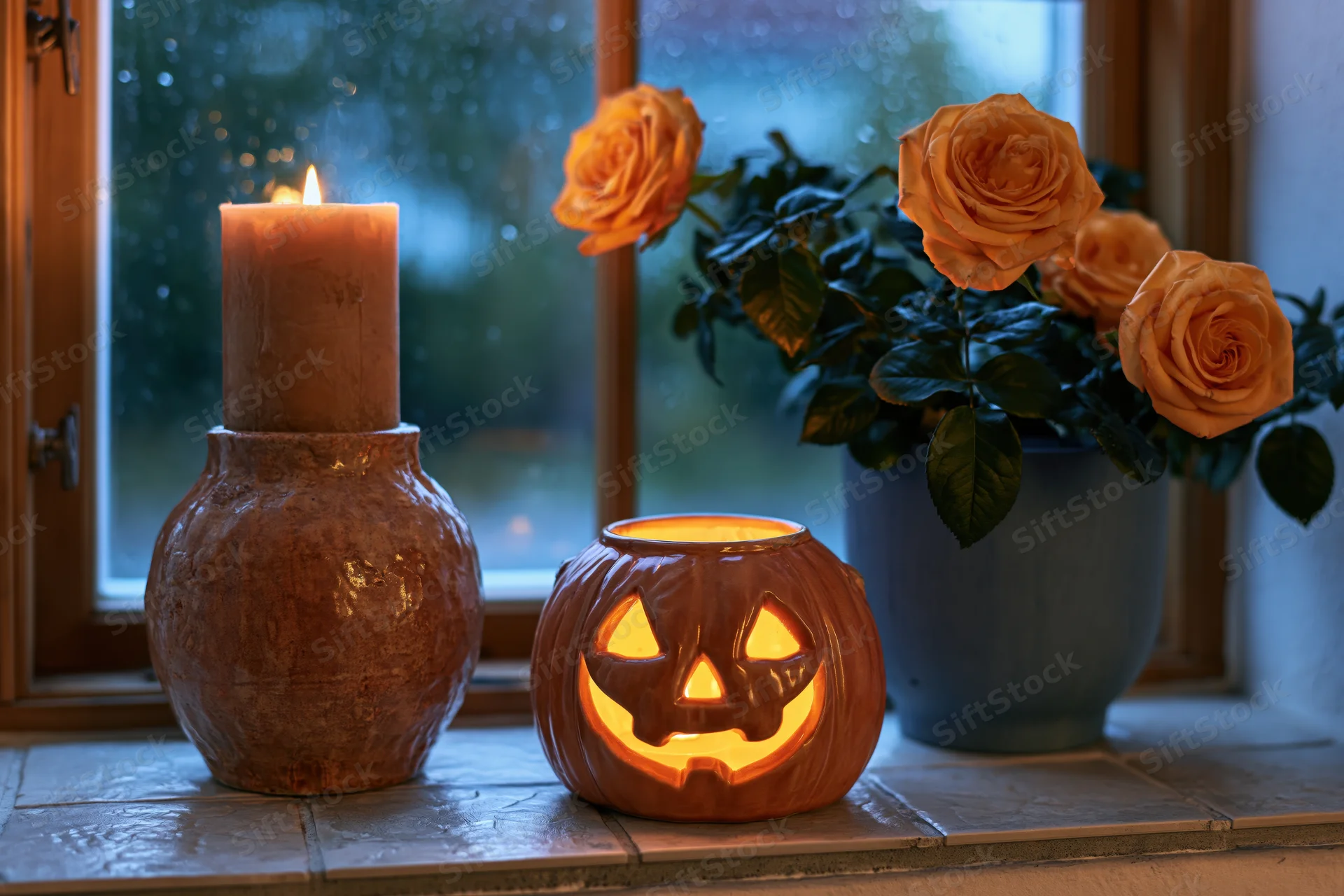 Ceramic jack-o-lantern and candle on windowsill beside orange roses in vase, evening light through rainy window