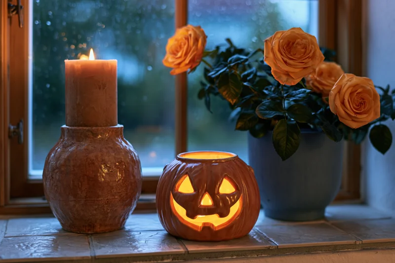 Ceramic jack-o-lantern and candle on windowsill beside orange roses in vase, evening light through rainy window