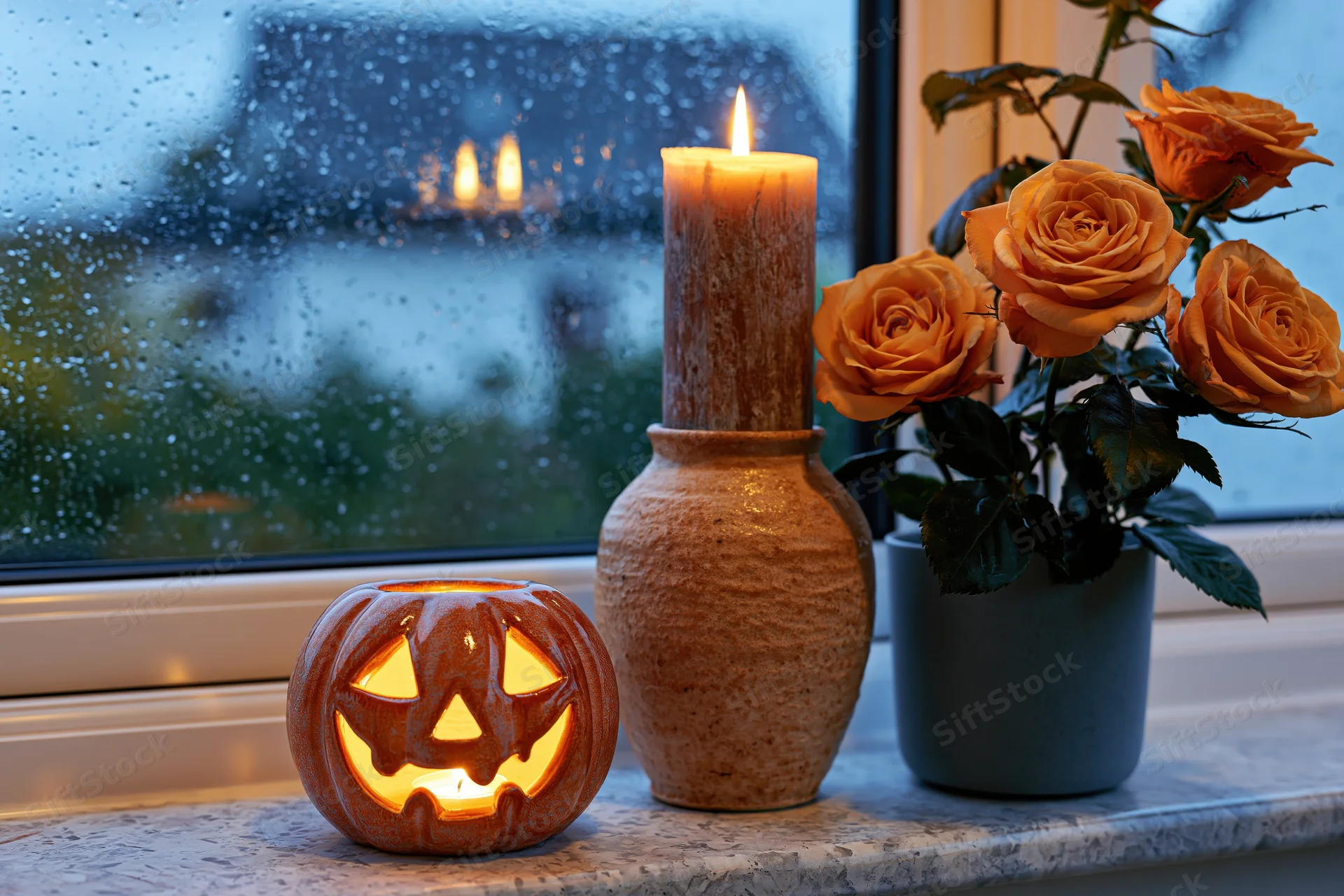Ceramic jack-o-lantern and candle on windowsill beside orange roses with rain on glass