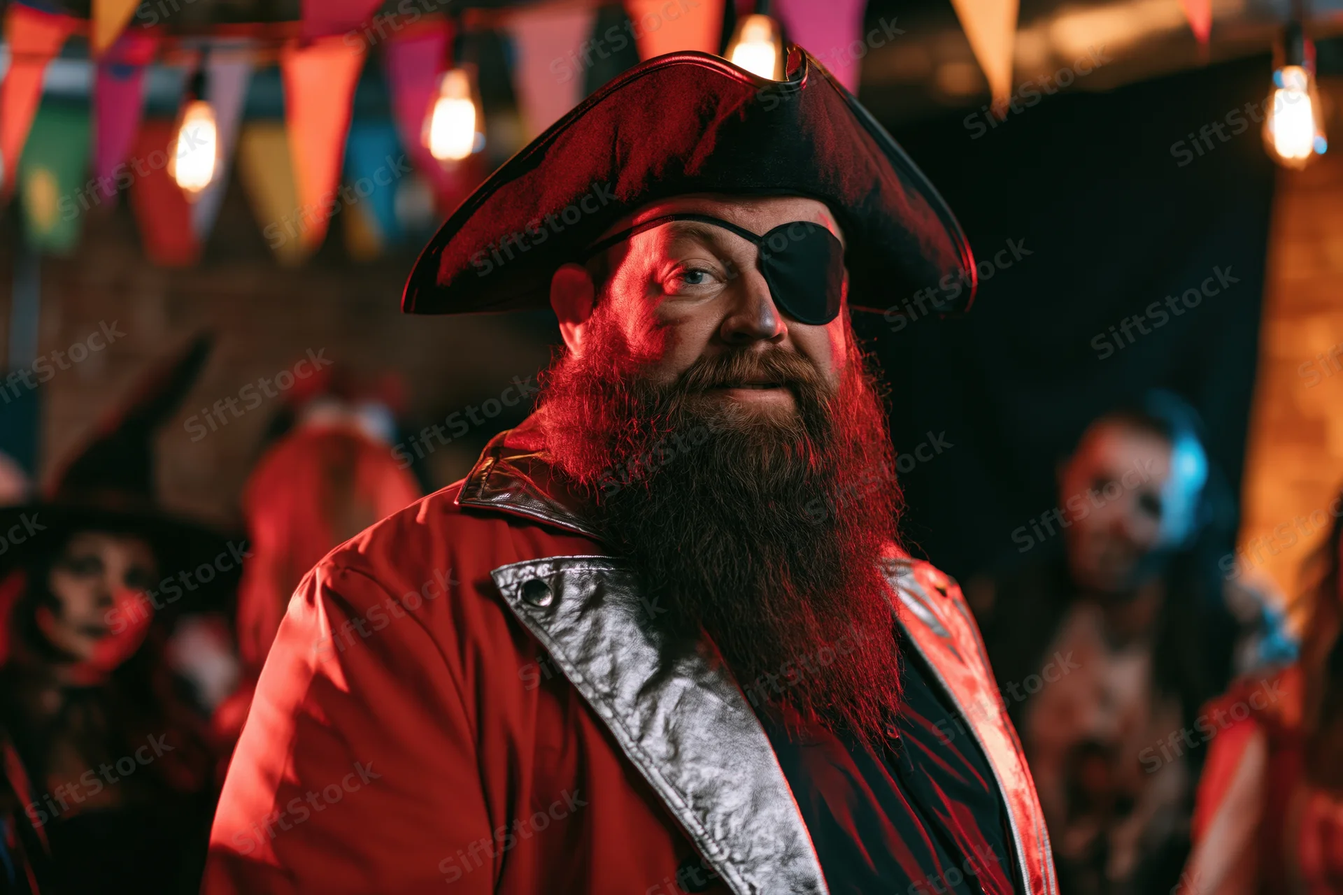 Heavyset man with thick beard in pirate costume at halloween party indoors