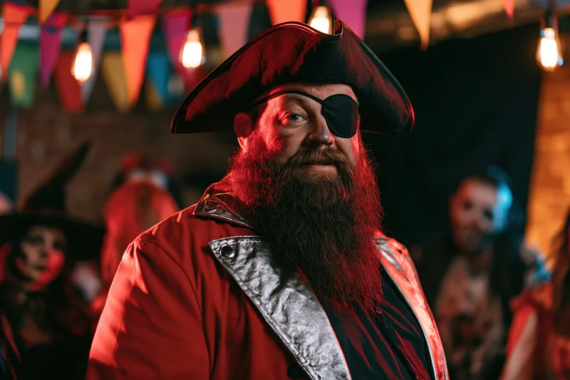 Heavyset man with thick beard in pirate costume at halloween party indoors
