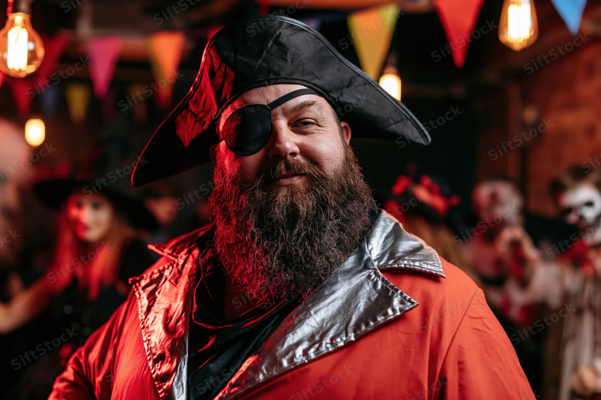 Heavyset man in pirate costume with beard and eyepatch smiling at party