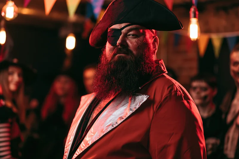 Heavyset man in pirate costume with thick beard and eye patch at festive party