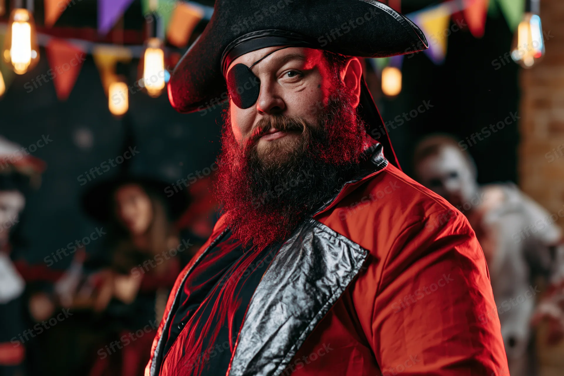 Heavyset man in pirate costume with red beard and eyepatch at halloween party
