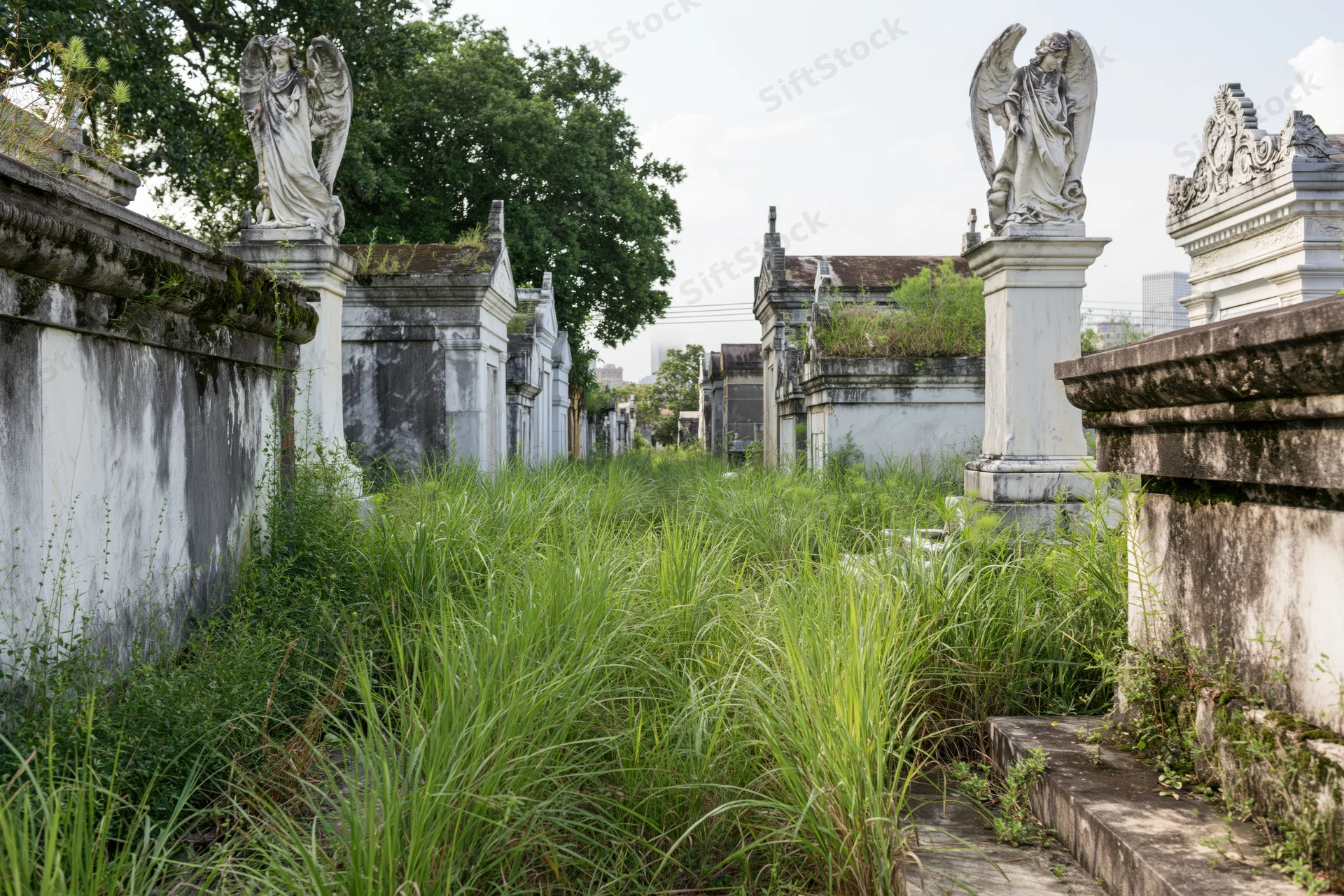 Overgrown cemetery path lined with historic marble mausoleums and angel statues