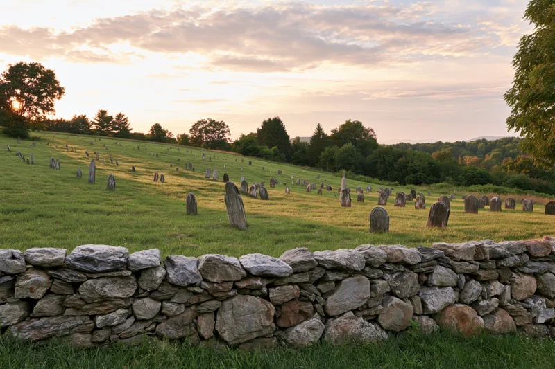 Historic rural cemetery with weathered gravestones on a grassy hill at sunset