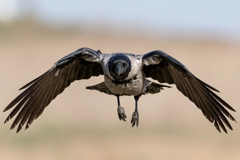 Hooded crow in mid-flight with wings spread facing camera over open field