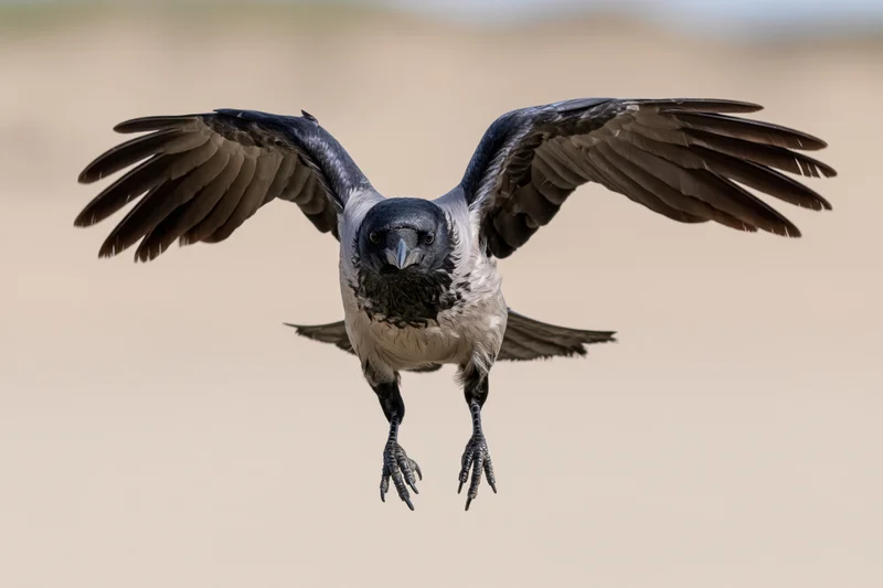 Hooded crow in mid-flight with wings spread landing toward camera