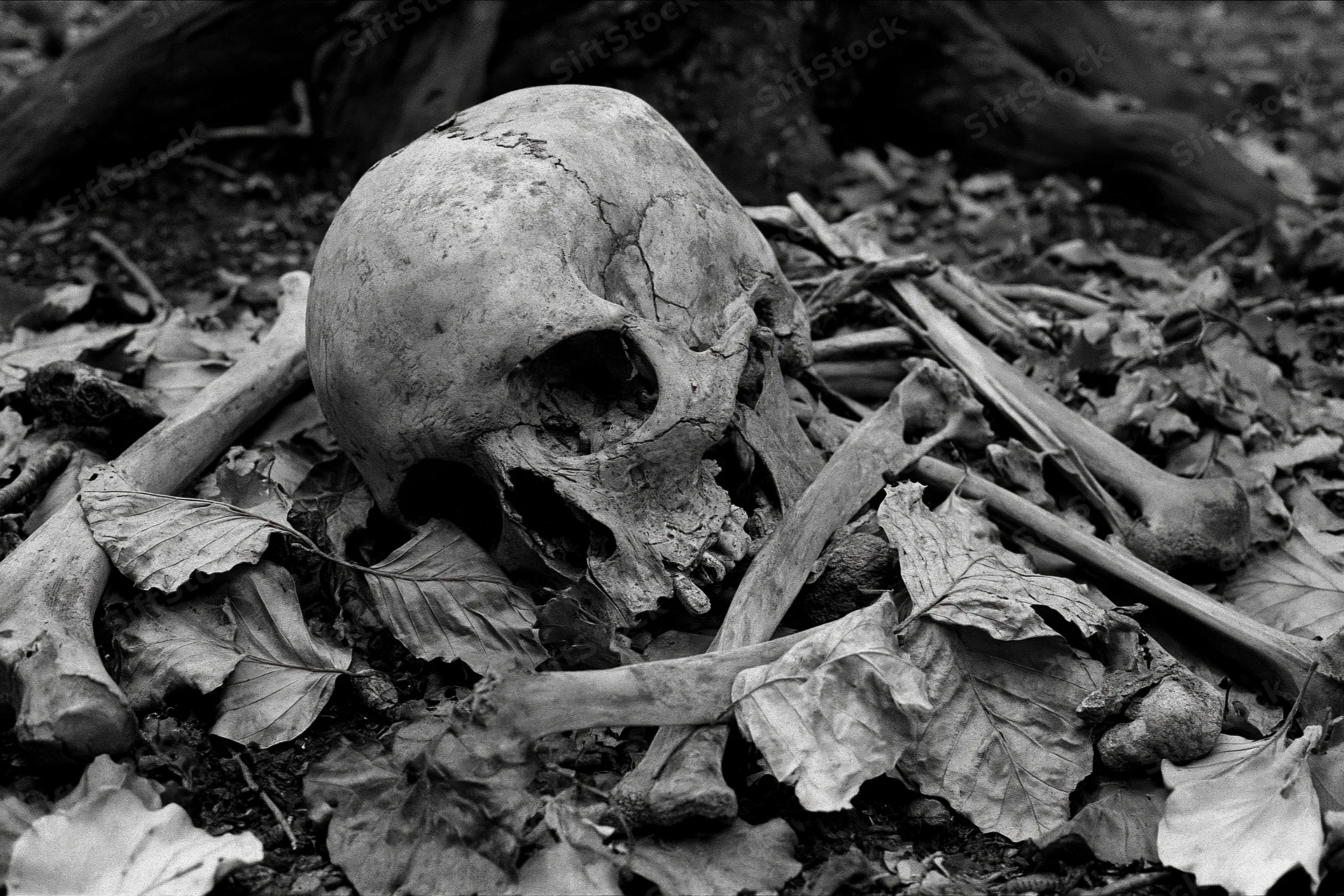 Human skull and scattered bones resting among dried fallen leaves on forest floor