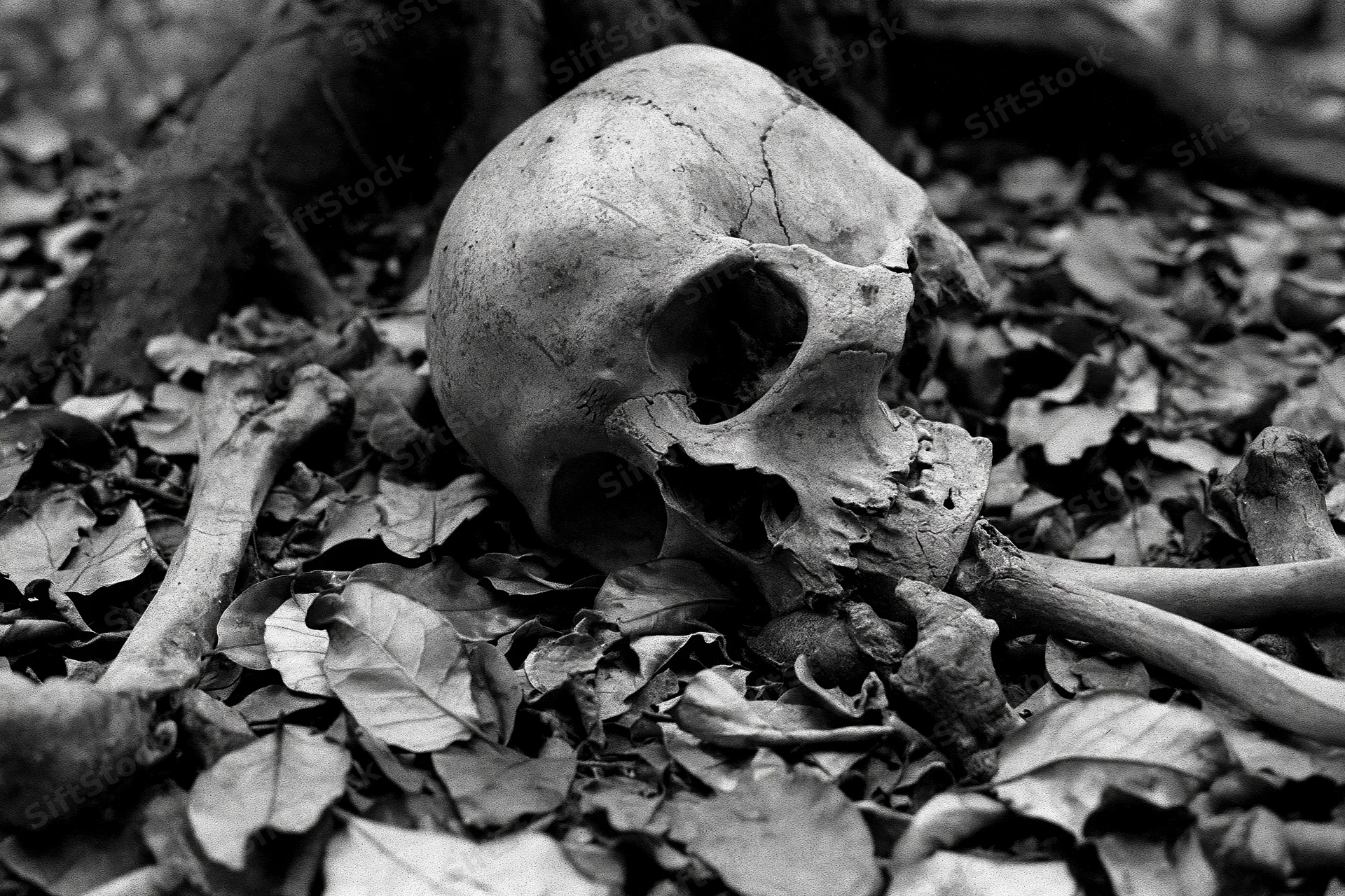 Human skull and scattered bones resting among dried fallen leaves in a forest setting