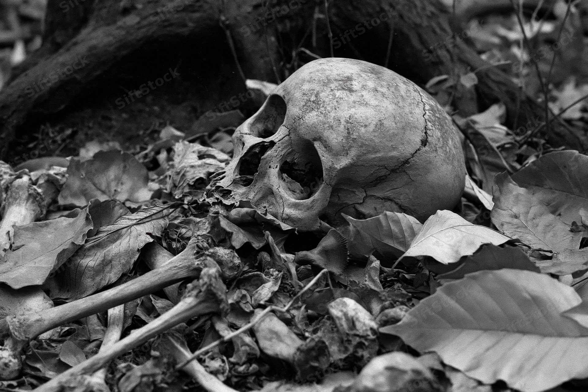 Human skull and scattered bones resting among dried fallen leaves in a forest setting