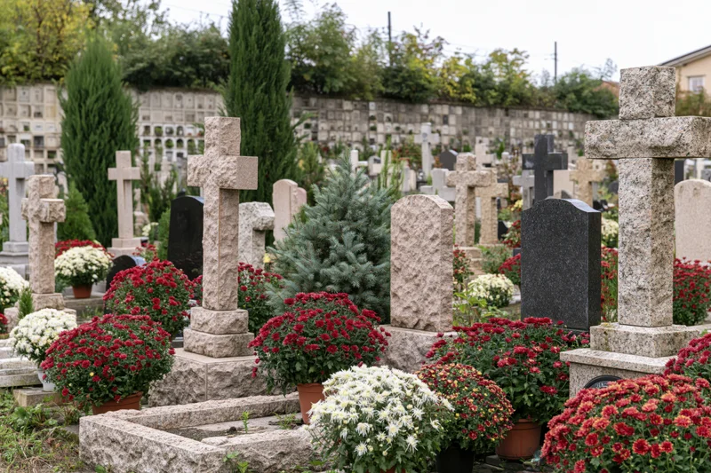 Rows of granite and marble tombstones with red and white chrysanthemums in a municipal cemetery