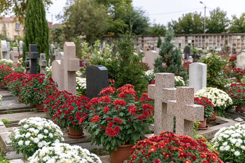 Rows of graves with granite and marble tombstones marked by red and white chrysanthemums in a municipal cemetery