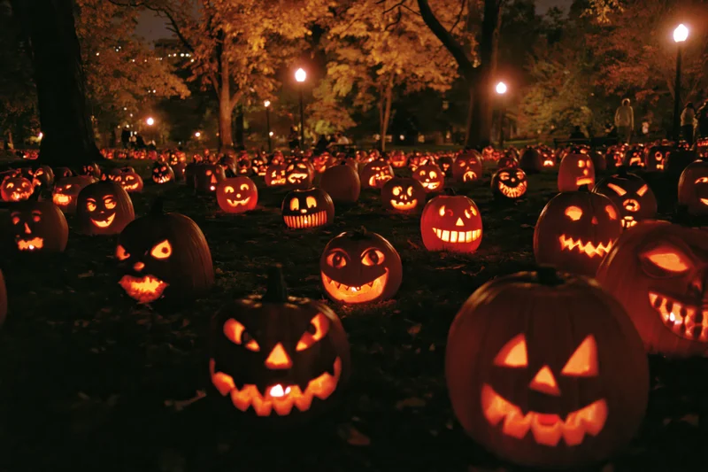 Carved jack-o-lanterns glowing in a park at night surrounded by autumn trees