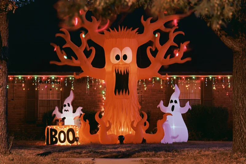 Inflatable halloween decorations glowing in a front yard at night