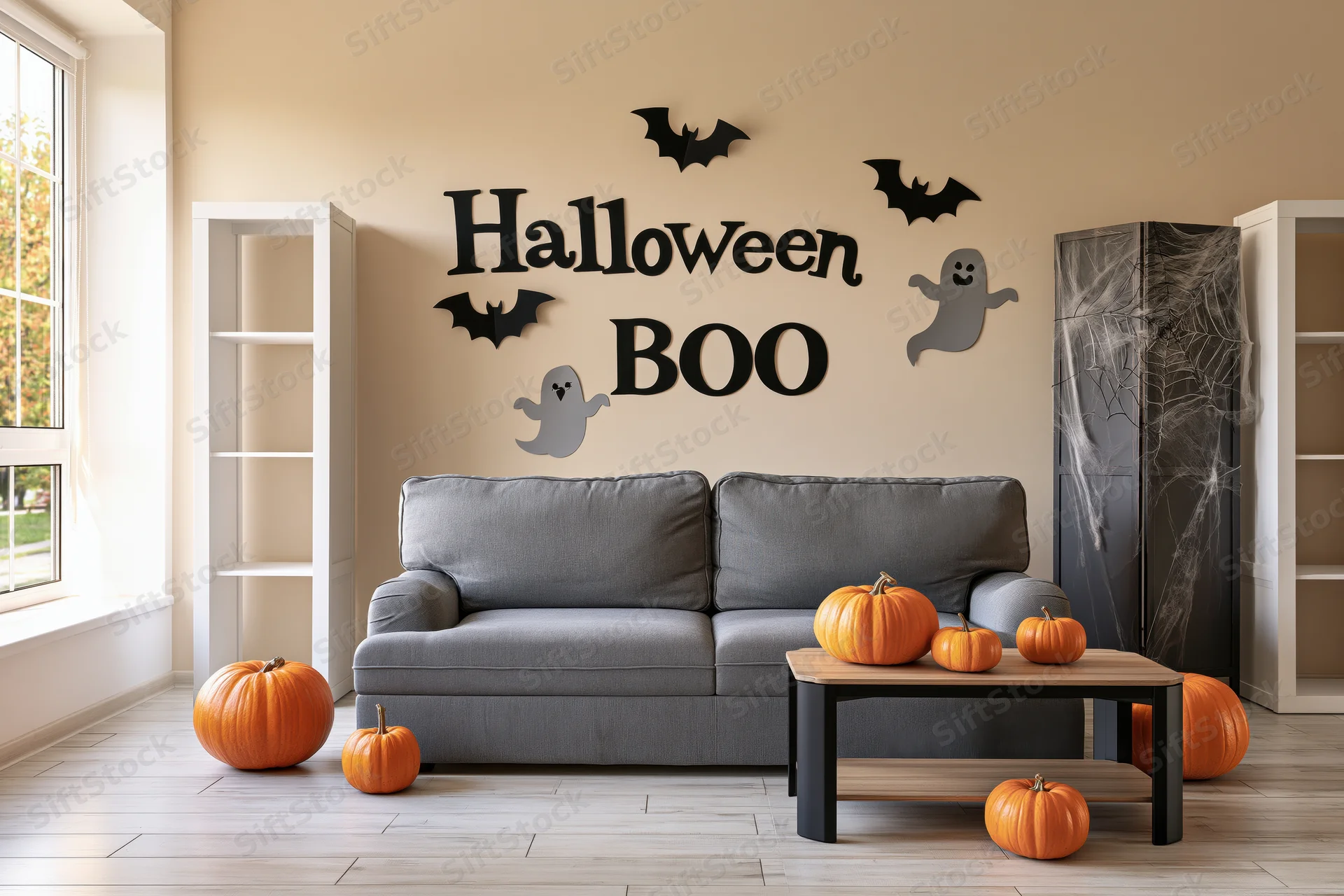 Living room decorated for halloween with grey sofa, orange pumpkins, wall decals and spiderweb on cabinet
