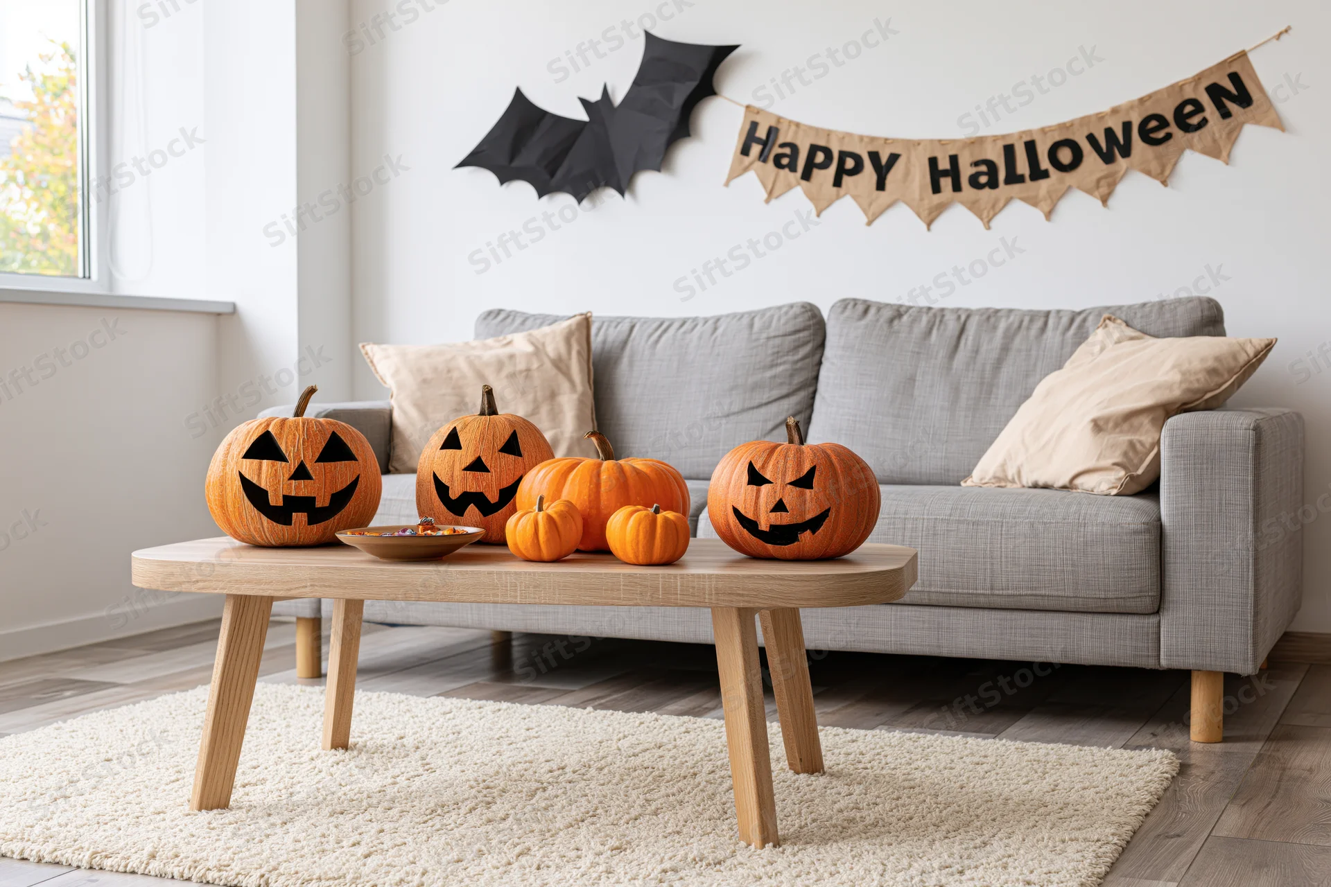 Carved pumpkins on a coffee table in a living room decorated for halloween with a banner and bat cutout above a sofa