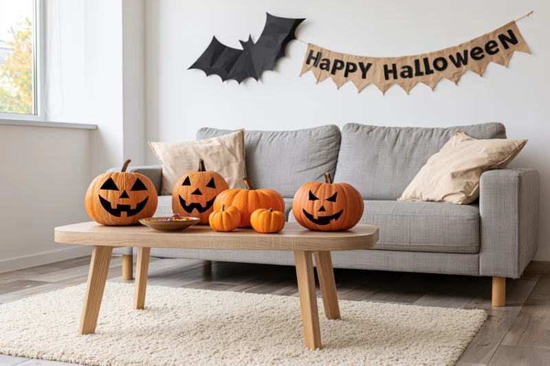 Carved pumpkins on a coffee table in a living room decorated for halloween with a banner and bat cutout above a sofa