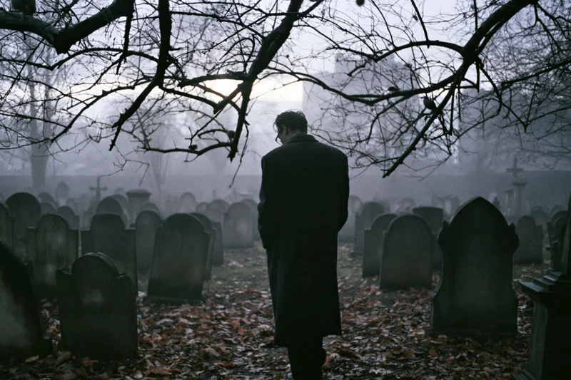 Man in long dark overcoat walking through foggy cemetery with bare trees and tombstones