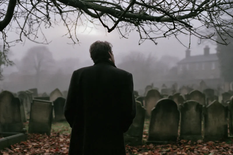 Man in dark overcoat standing with back to camera in foggy cemetery among gravestones