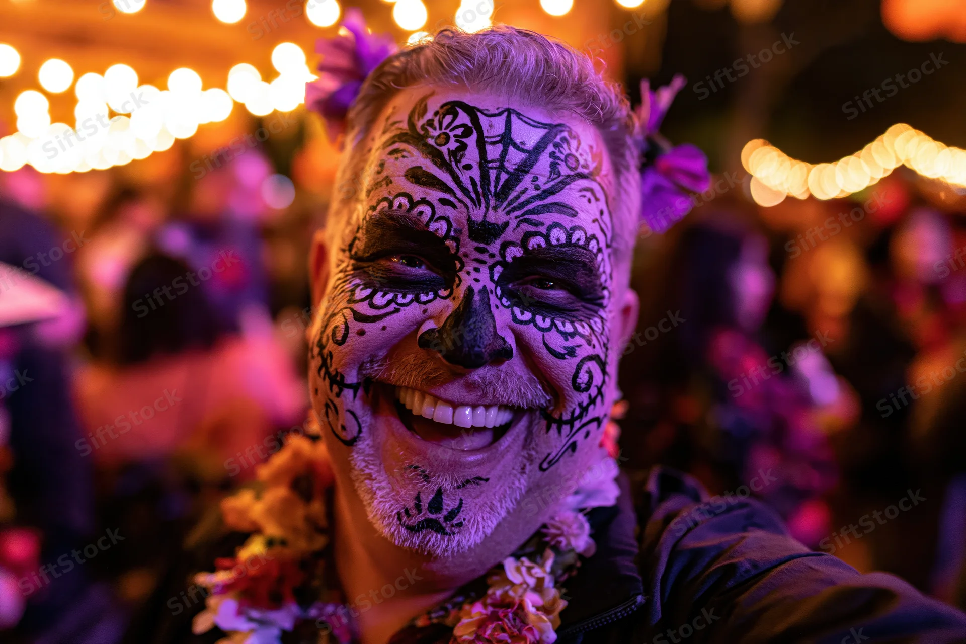 Man with elaborate day of the dead face paint smiling at festival at night