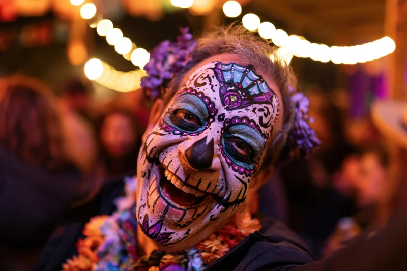 Man with elaborate day of the dead face paint smiling at festival event
