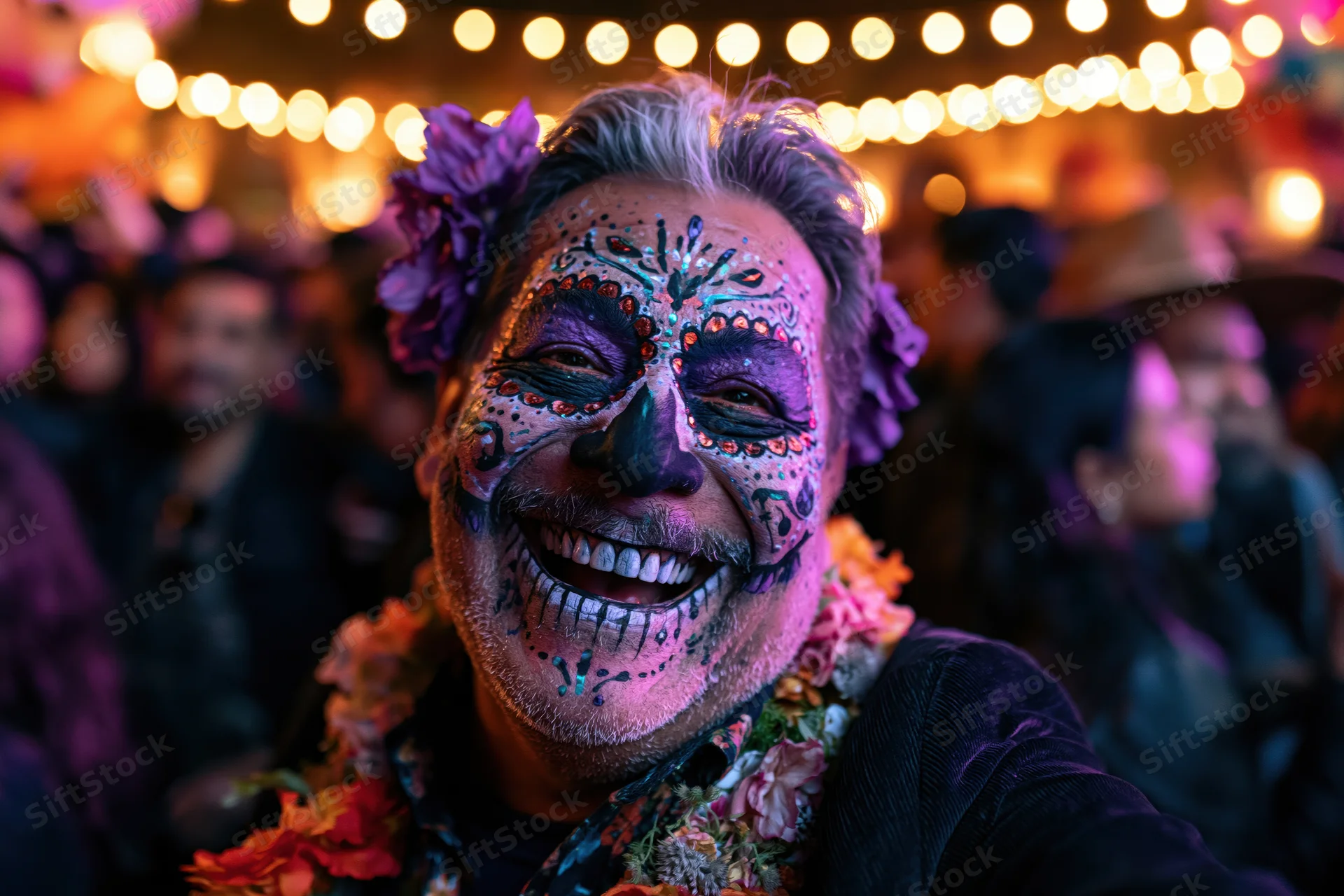 Man with elaborate day of the dead face paint smiling at festival celebration