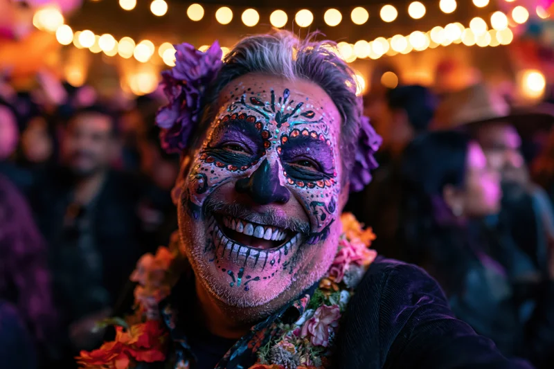 Man with elaborate day of the dead face paint smiling at festival celebration