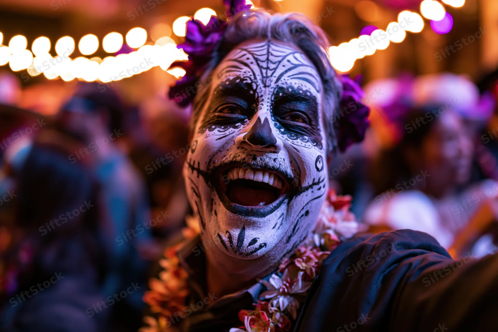 Middle-aged man with skull face paint smiling at a day of the dead festival outdoors at night