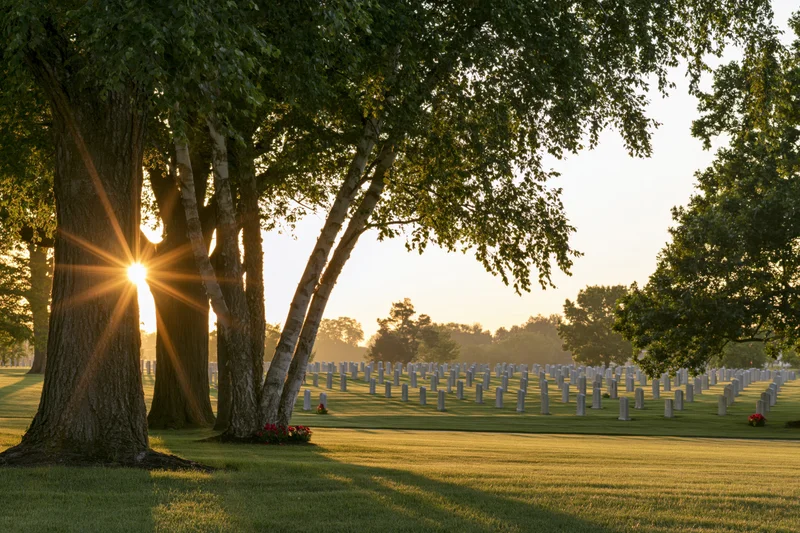 Rows of white tombstones in a military cemetery at sunrise with trees and sunlight filtering through the branches