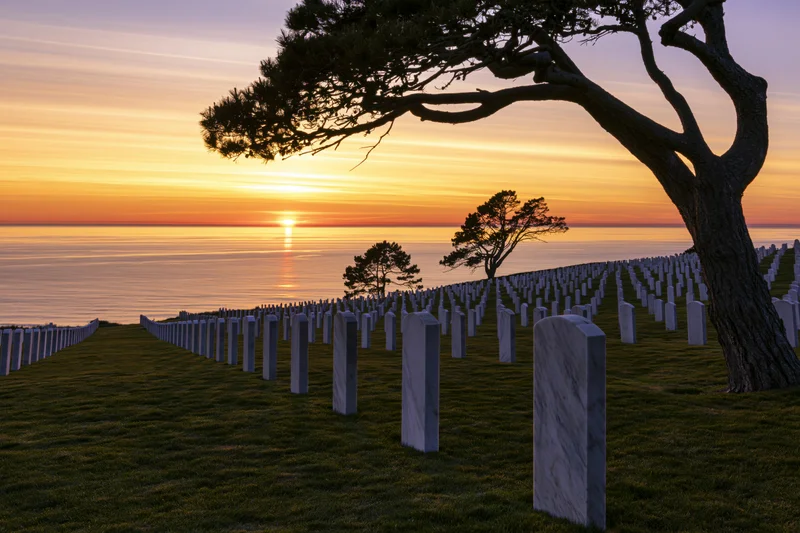 Rows of white headstones in a military cemetery on a coastal hillside at sunset with ocean and silhouetted trees