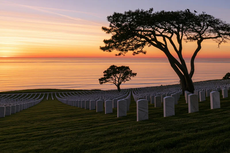 Rows of white headstones in a military cemetery on a coastal hillside at sunset with silhouetted trees and ocean horizon