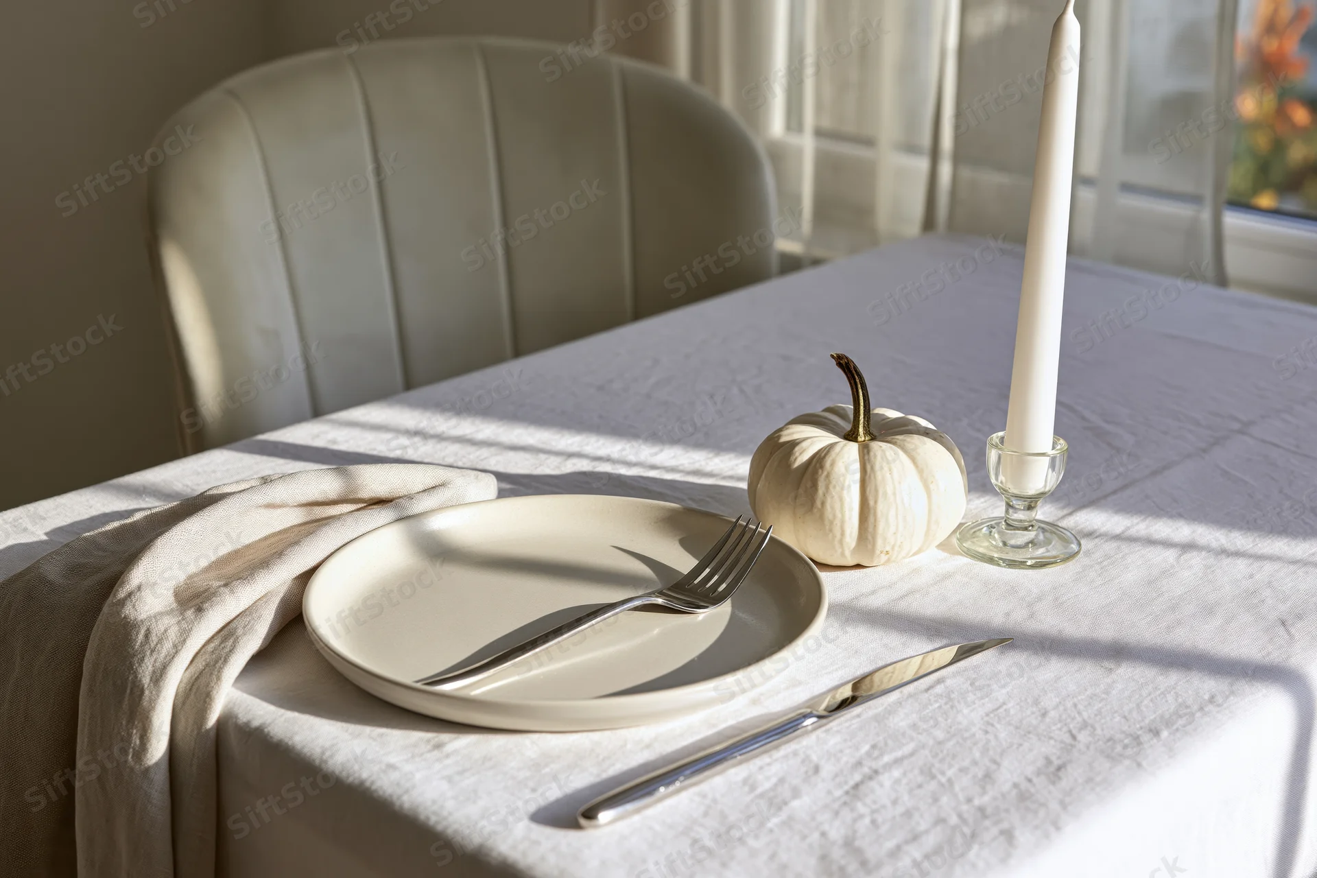 Autumn table setting with cream ceramic plate, linen tablecloth, small pumpkin, candle, and cutlery by a window