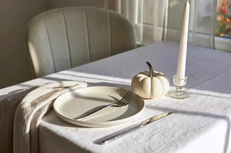 Autumn table setting with cream ceramic plate, linen tablecloth, small pumpkin, candle, and cutlery by a window